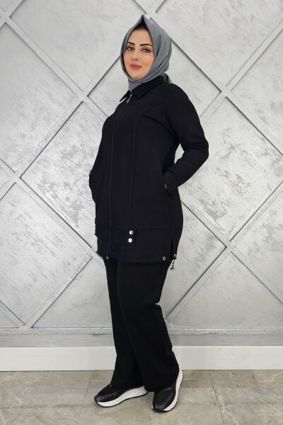 KADIN FERMUARLI ÇIT ÇITLI TESETTÜR TAKIM SİYAH - 5 BEDEN