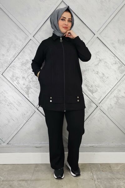 KADIN FERMUARLI ÇIT ÇITLI TESETTÜR TAKIM SİYAH - 5 BEDEN