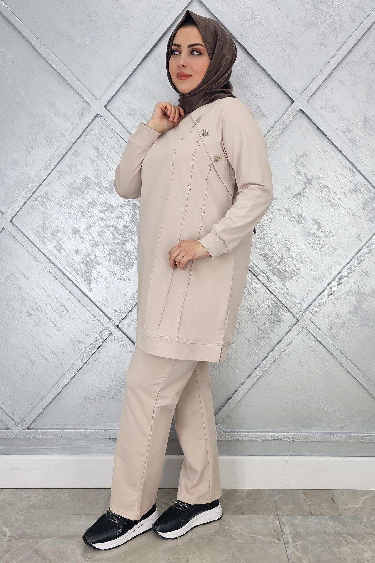 KADIN DÜĞME VE TAŞ DETAYLI TESETTÜR TAKIM BEJ - XL
