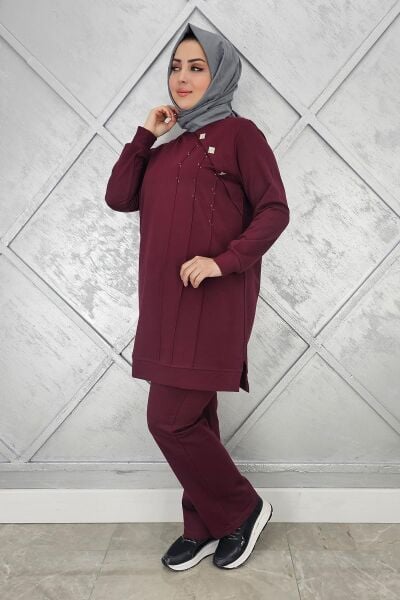 KADIN DÜĞME VE TAŞ DETAYLI TESETTÜR TAKIM BEJ - XL