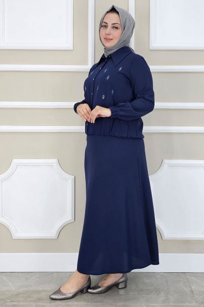 PYS KADIN TAŞ DETAYLI GÖMLEK ETEK TESETTÜR TAKIM LACİVERT - 3 BEDEN