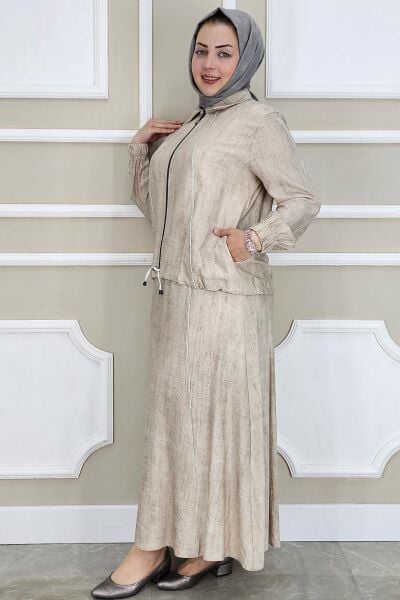 PYS KADIN BİYELİ FERMUARLI TESETTÜR TAKIM BEJ - 2 BEDEN