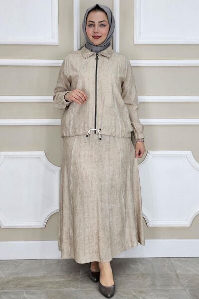 PYS KADIN BİYELİ FERMUARLI TESETTÜR TAKIM BEJ - 2 BEDEN