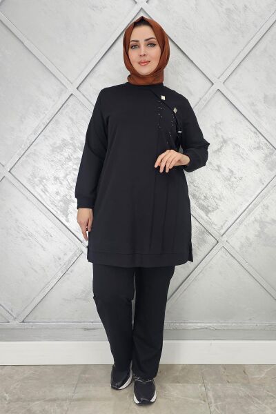 KADIN DÜĞME VE TAŞ DETAYLI TESETTÜR TAKIM SİYAH - XL
