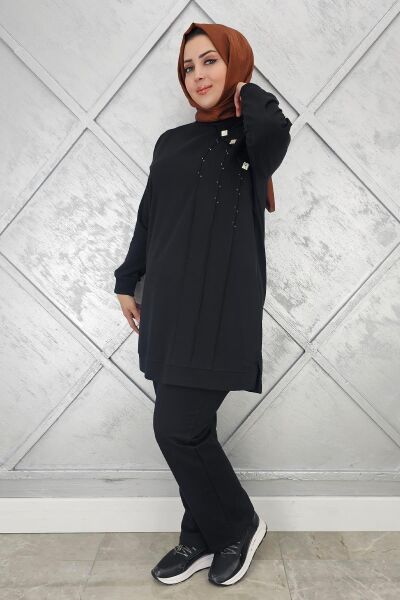 KADIN DÜĞME VE TAŞ DETAYLI TESETTÜR TAKIM SİYAH - XL