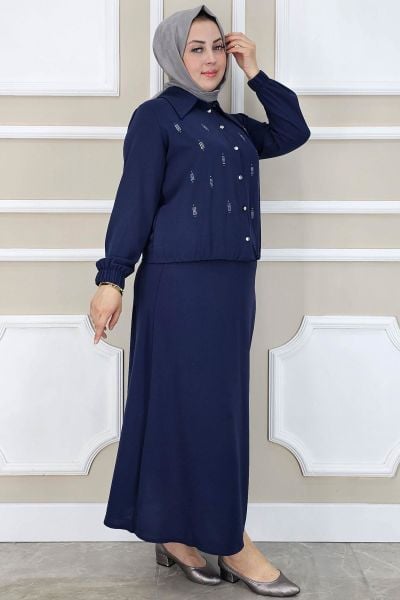 PYS KADIN TAŞ DETAYLI GÖMLEK ETEK TESETTÜR TAKIM LACİVERT