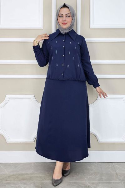 PYS KADIN TAŞ DETAYLI GÖMLEK ETEK TESETTÜR TAKIM LACİVERT