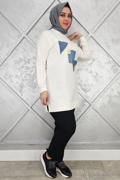 KADIN KOMBİNLİ TAŞ DETAYLI TESETTÜR TUNİK EKRU - 3XL