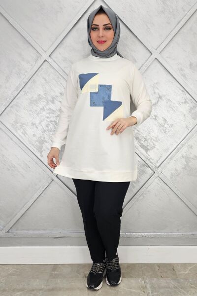 KADIN KOMBİNLİ TAŞ DETAYLI TESETTÜR TUNİK EKRU - 3XL