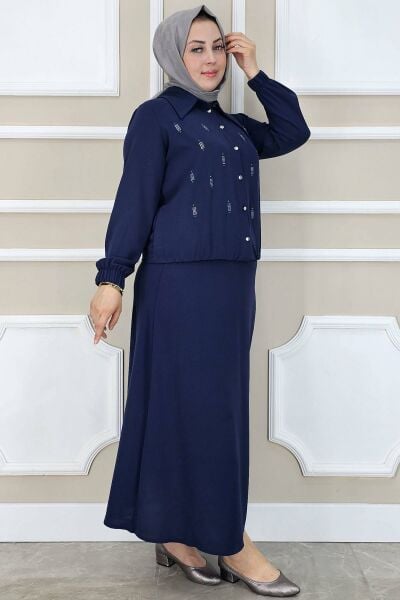PYS KADIN TAŞ DETAYLI GÖMLEK ETEK TESETTÜR TAKIM LACİVERT - 2 BEDEN