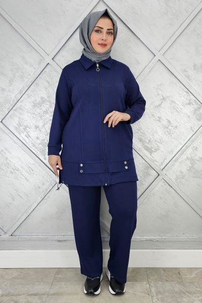 KADIN FERMUARLI ÇIT ÇITLI TESETTÜR TAKIM LACİVERT - 3 BEDEN