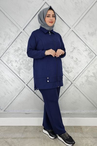 KADIN FERMUARLI ÇIT ÇITLI TESETTÜR TAKIM LACİVERT - 3 BEDEN
