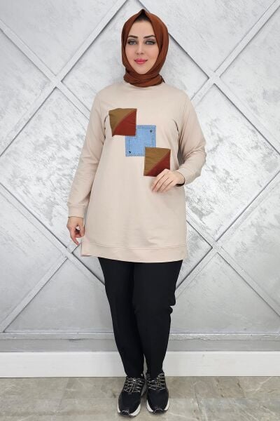 KADIN KOMBİNLİ TAŞ DETAYLI TESETTÜR TUNİK BEJ - L