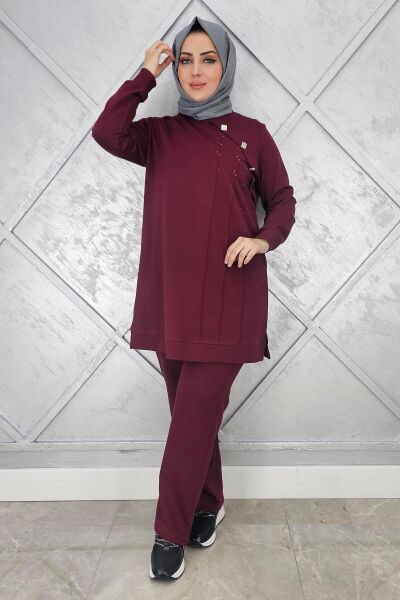 KADIN DÜĞME VE TAŞ DETAYLI TESETTÜR TAKIM BORDO - L