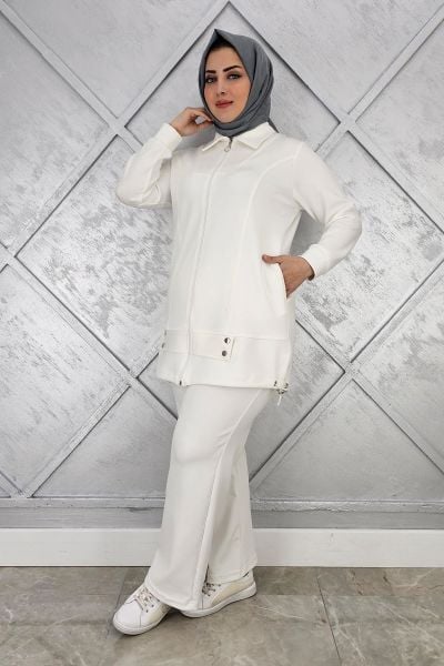 KADIN FERMUARLI ÇIT ÇITLI TESETTÜR TAKIM EKRU - 4 BEDEN