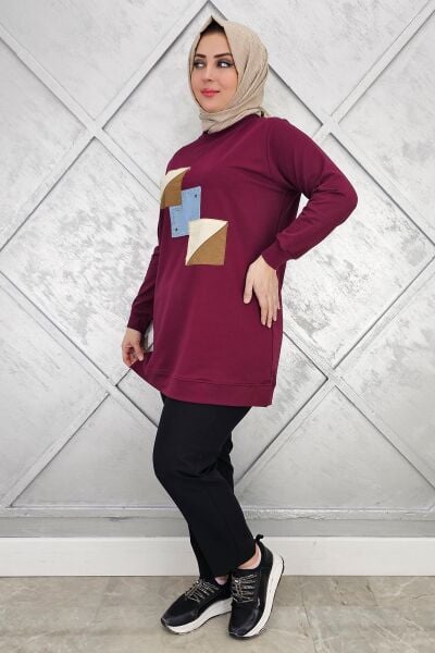 KADIN KOMBİNLİ TAŞ DETAYLI TESETTÜR TUNİK BORDO - 2XL