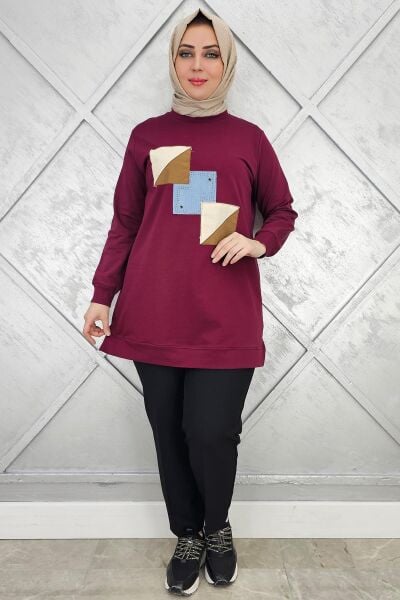 KADIN KOMBİNLİ TAŞ DETAYLI TESETTÜR TUNİK BORDO - 2XL