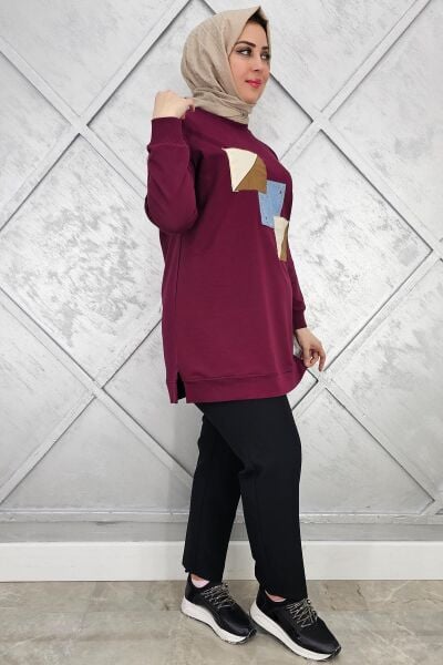 KADIN KOMBİNLİ TAŞ DETAYLI TESETTÜR TUNİK BORDO - 3XL