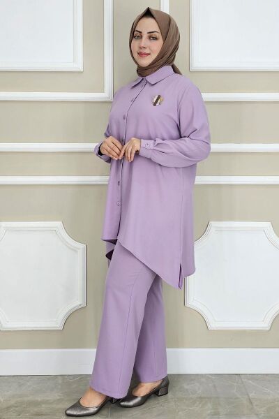 KADIN BROŞ DETAYLI TESETTÜR TAKIM LİLA - 2 BEDEN