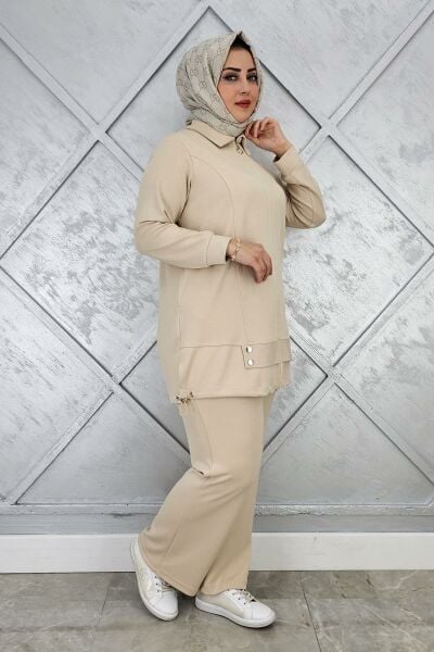 KADIN FERMUARLI ÇIT ÇITLI TESETTÜR TAKIM BEJ - 5 BEDEN