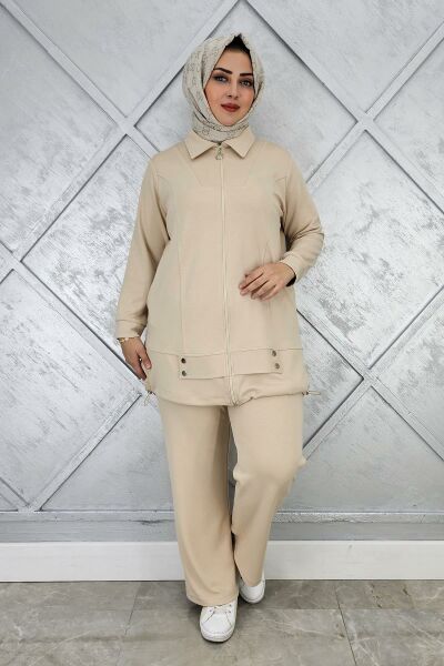 KADIN FERMUARLI ÇIT ÇITLI TESETTÜR TAKIM BEJ - 5 BEDEN