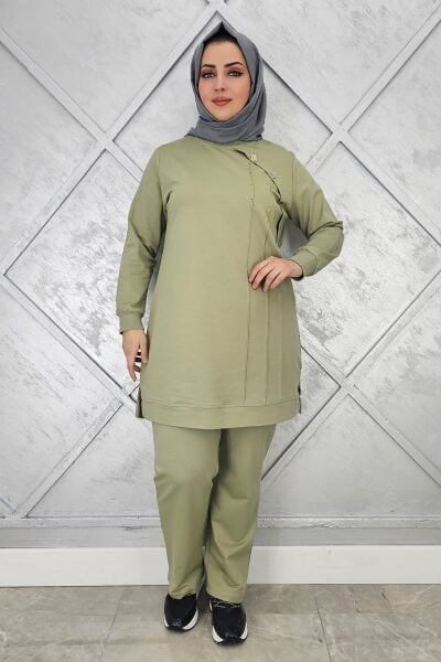 KADIN DÜĞME VE TAŞ DETAYLI TESETTÜR TAKIM MİNT YEŞİLİ - XL