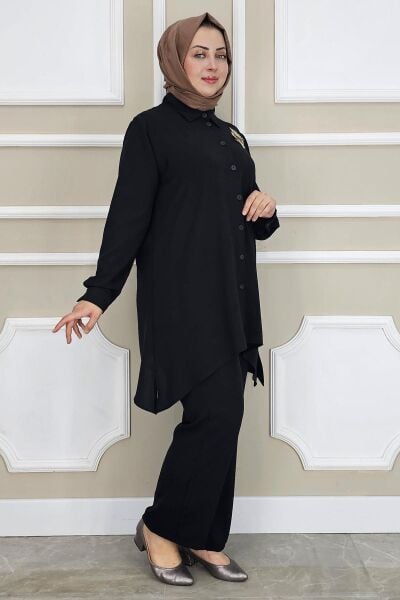 KADIN BROŞ DETAYLI TESETTÜR TAKIM SİYAH - 2 BEDEN
