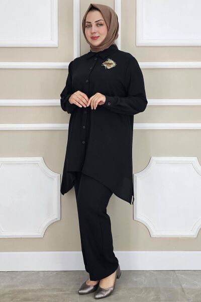 KADIN BROŞ DETAYLI TESETTÜR TAKIM SİYAH - 2 BEDEN