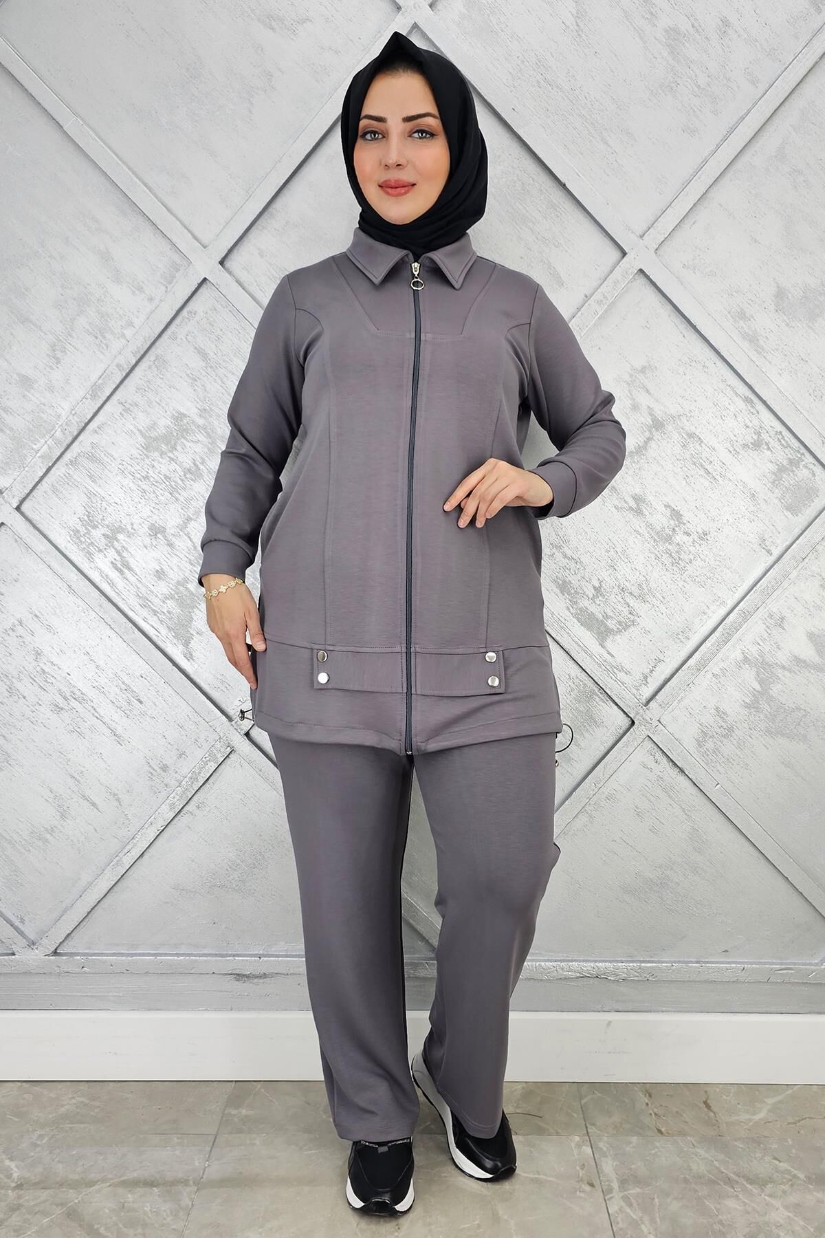 KADIN FERMUARLI ÇIT ÇITLI TESETTÜR TAKIM GRİ - 5 BEDEN