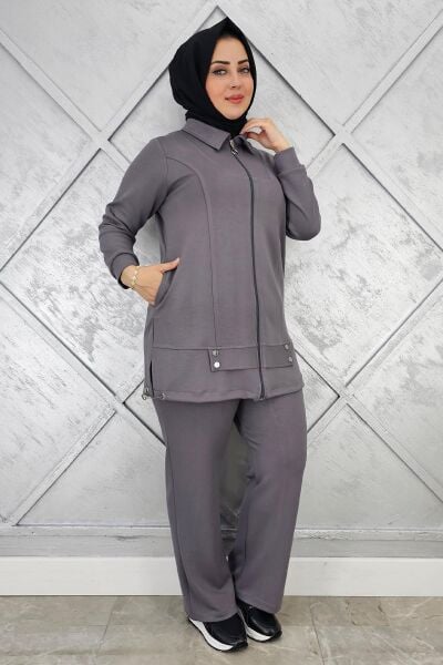 KADIN FERMUARLI ÇIT ÇITLI TESETTÜR TAKIM GRİ - 5 BEDEN