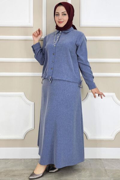 PYS KADIN SALLANTI AKSESUARLI ETEKLİ TESETTÜR TAKIM MAVİ - 4 BEDEN