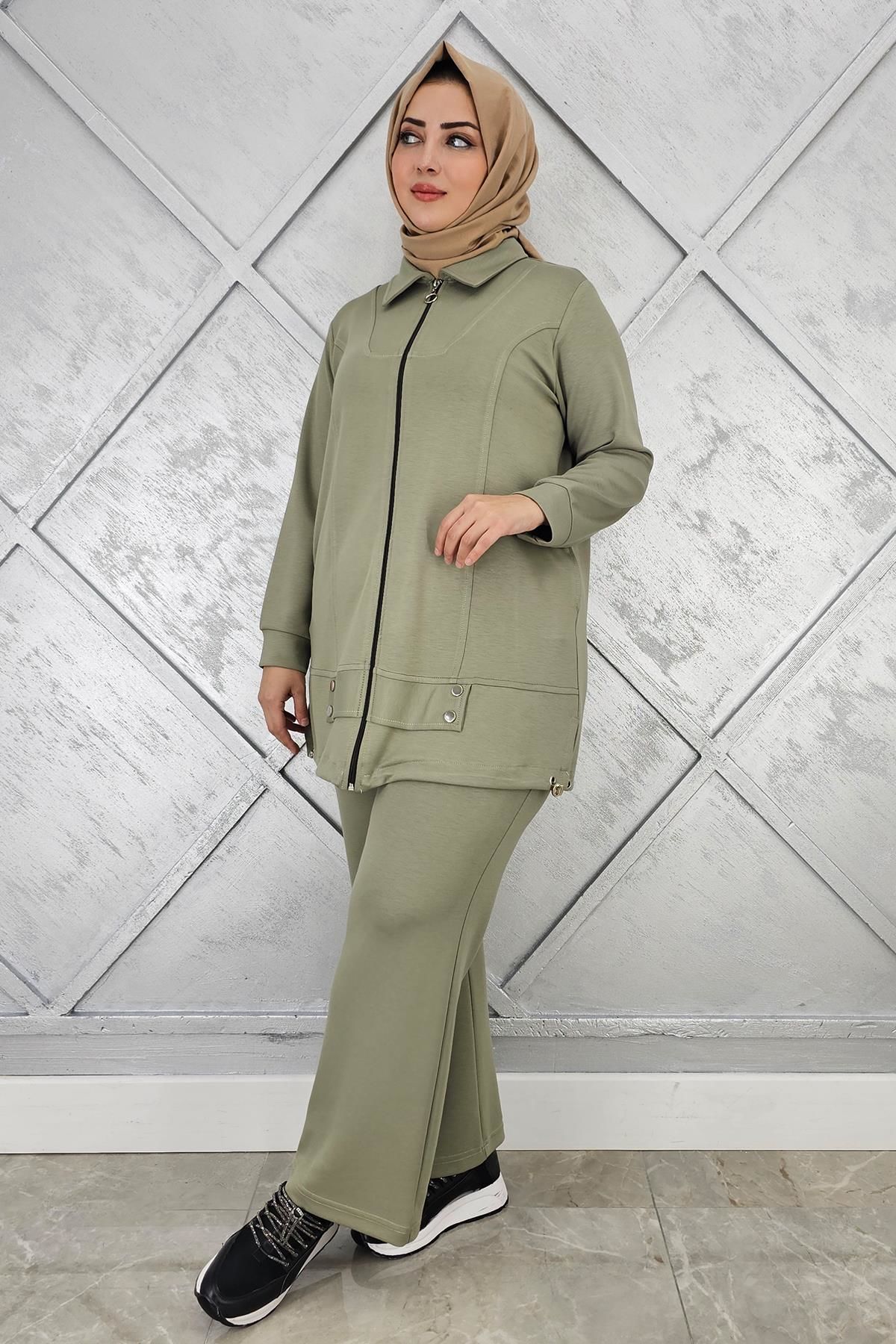 KADIN FERMUARLI ÇIT ÇITLI TESETTÜR TAKIM HAKİ - 2 BEDEN