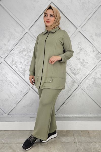 KADIN FERMUARLI ÇIT ÇITLI TESETTÜR TAKIM HAKİ - 2 BEDEN