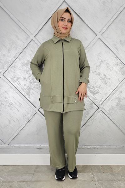KADIN FERMUARLI ÇIT ÇITLI TESETTÜR TAKIM HAKİ - 2 BEDEN