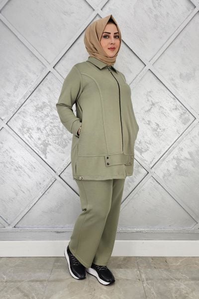 KADIN FERMUARLI ÇIT ÇITLI TESETTÜR TAKIM HAKİ - 2 BEDEN