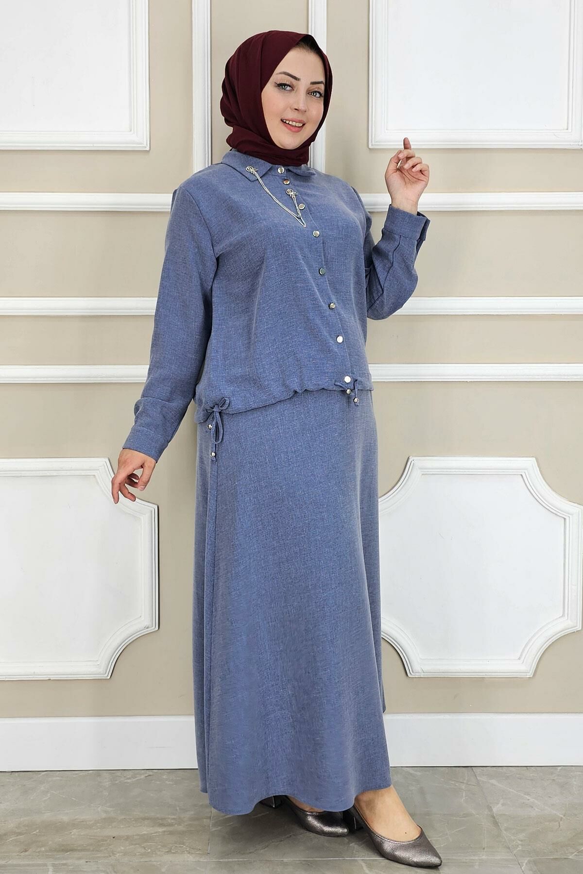 PYS KADIN SALLANTI AKSESUARLI ETEKLİ TESETTÜR TAKIM MAVİ - 5 BEDEN