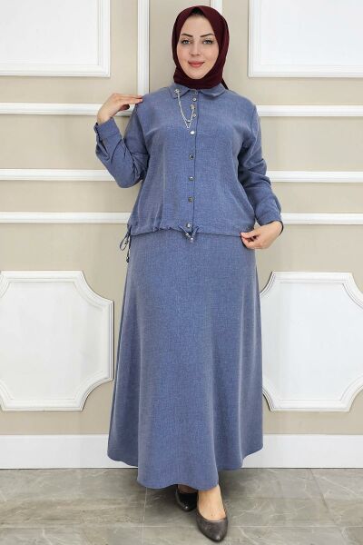 PYS KADIN SALLANTI AKSESUARLI ETEKLİ TESETTÜR TAKIM MAVİ - 5 BEDEN