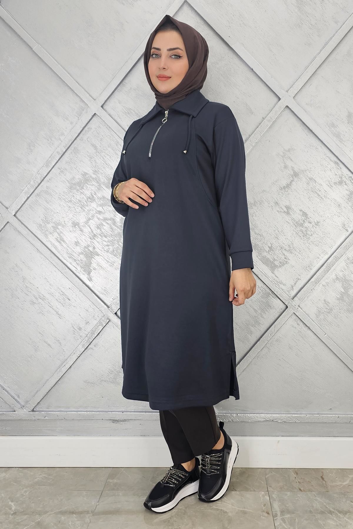KADIN FERMUARLI BAĞCIKLI TESETTÜR TUNİK ANTRSİT - 3 BEDEN
