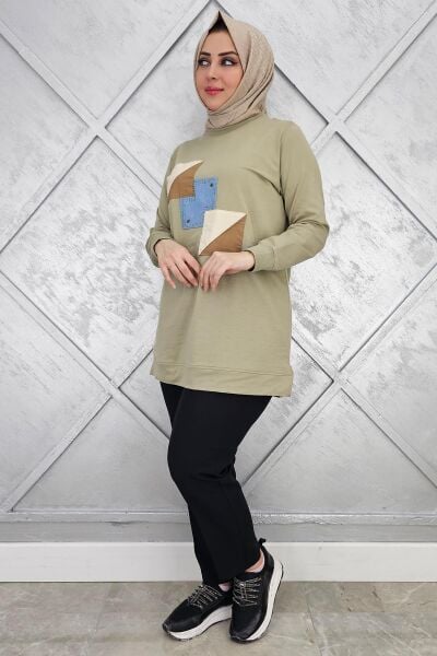 KADIN KOMBİNLİ TAŞ DETAYLI TESETTÜR TUNİK HAKİ - XL