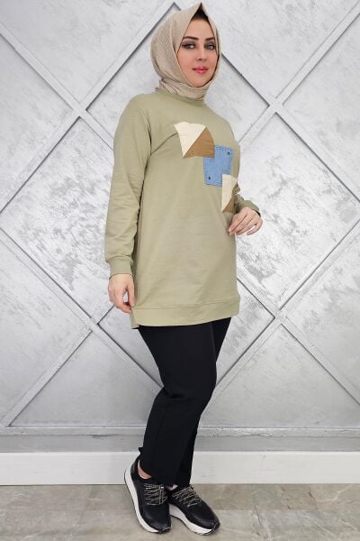 KADIN KOMBİNLİ TAŞ DETAYLI TESETTÜR TUNİK HAKİ - XL