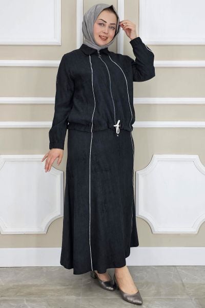 PYS KADIN BİYELİ FERMUARLI TESETTÜR TAKIM SİYAH - 2 BEDEN