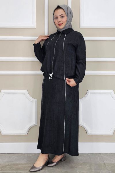 PYS KADIN BİYELİ FERMUARLI TESETTÜR TAKIM SİYAH - 2 BEDEN