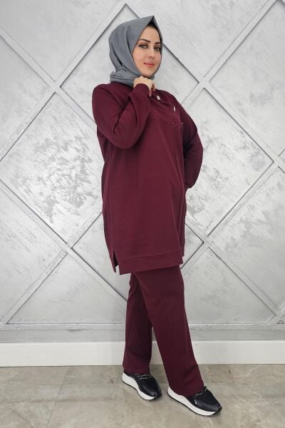 KADIN DÜĞME VE TAŞ DETAYLI TESETTÜR TAKIM BORDO - 3XL