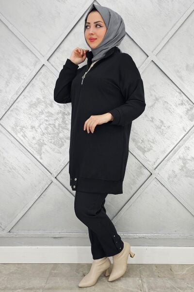 KADIN FERMUAR DETAYLI TESETTÜR TUNİK SİYAH - 5 BEDEN
