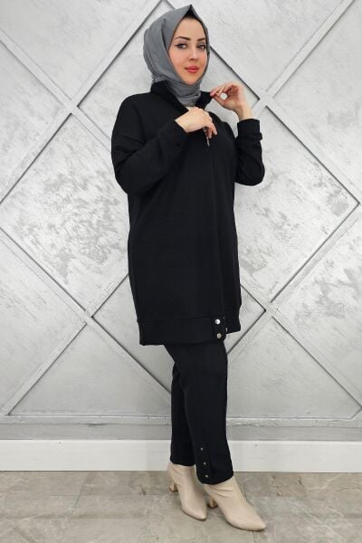 KADIN FERMUAR DETAYLI TESETTÜR TUNİK SİYAH - 5 BEDEN