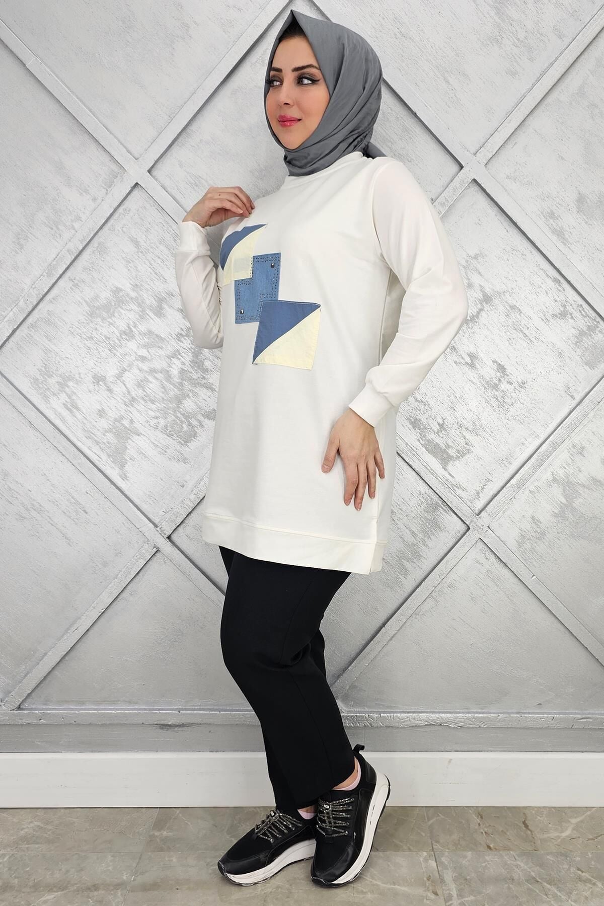 KADIN KOMBİNLİ TAŞ DETAYLI TESETTÜR TUNİK EKRU - 2XL