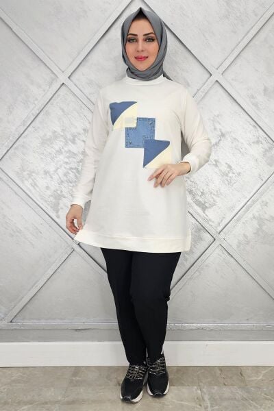 KADIN KOMBİNLİ TAŞ DETAYLI TESETTÜR TUNİK EKRU - 2XL