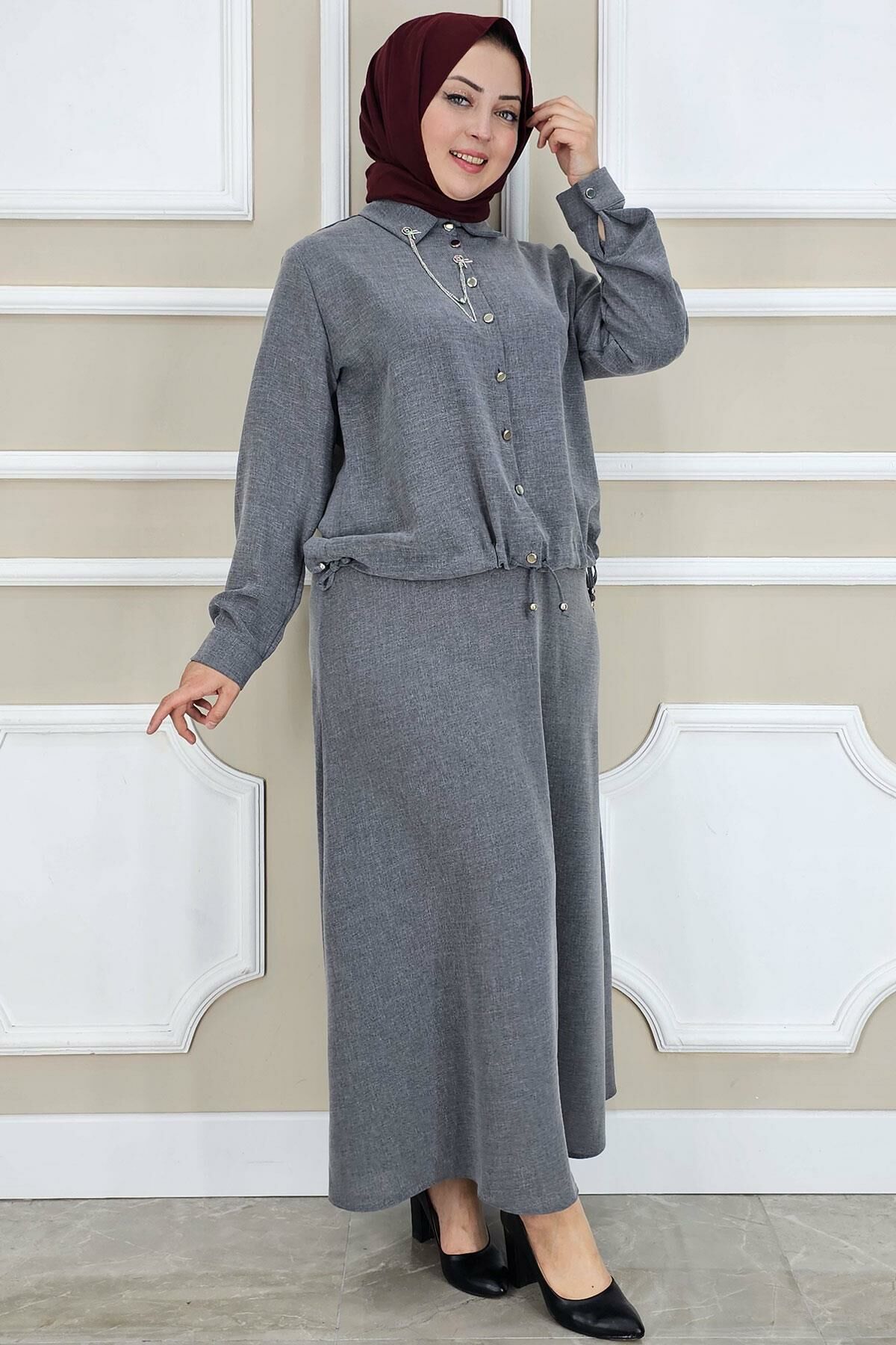 PYS KADIN SALLANTI AKSESUARLI ETEKLİ TESETTÜR TAKIM GRİ - 3 BEDEN