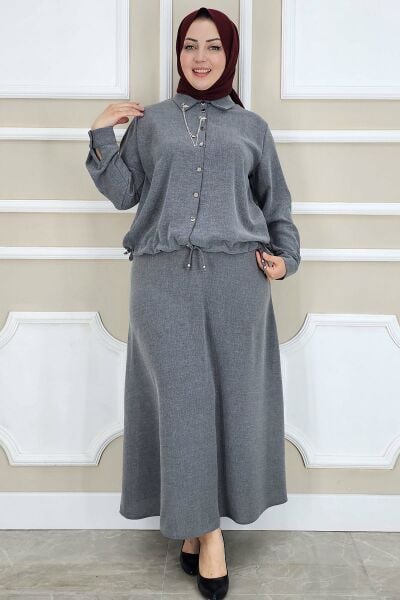 PYS KADIN SALLANTI AKSESUARLI ETEKLİ TESETTÜR TAKIM GRİ - 3 BEDEN
