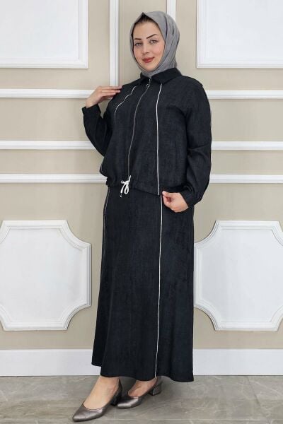 PYS KADIN BİYELİ FERMUARLI TESETTÜR TAKIM SİYAH - 3 BEDEN